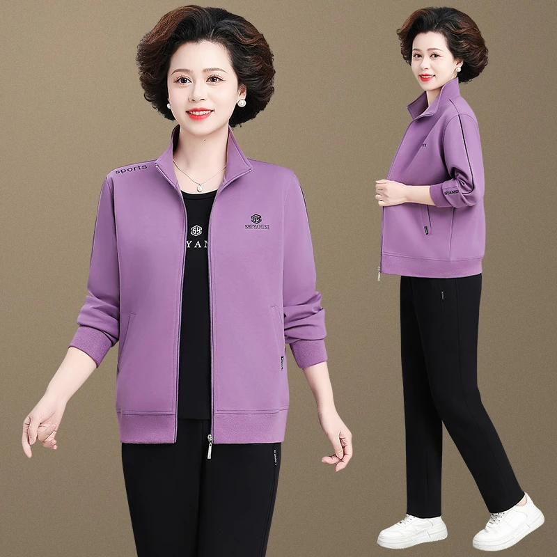 中年休闲运动套装女春秋2025新款时尚卫衣品牌妈妈跑步服三件套女
