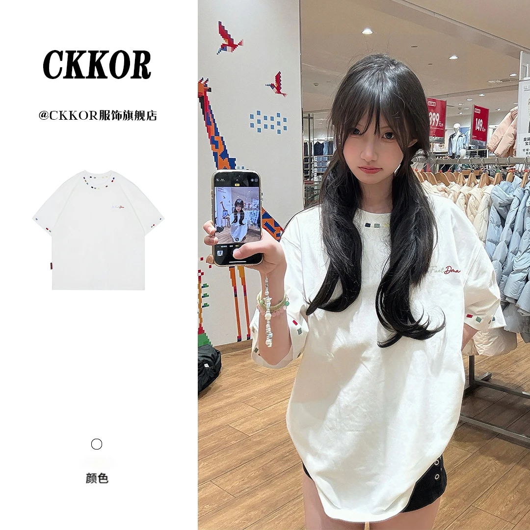 CKKOR夏季穿搭新款刺绣圆领短袖t恤女百搭休闲时尚设计感纯棉上衣