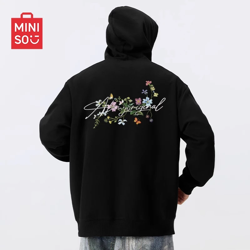 MINISO/名创优品男女秋季美式硬挺植物花卉印花情侣卫衣黑色开衫
