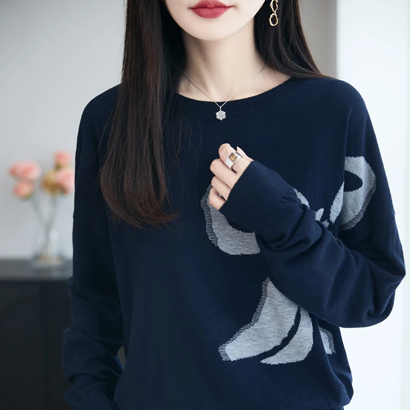 精纺羊毛圆领针织衫长袖女2025年早秋新款蝴蝶结提花套头打底衫