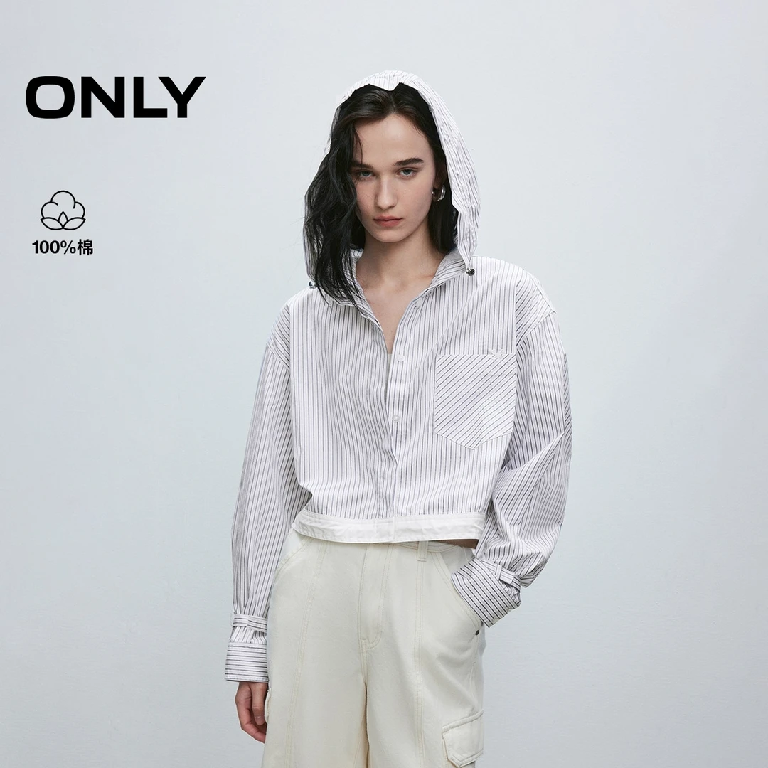 ONLY新款欧若风减龄纯棉撞色条纹宽松连帽短款外套女|125136040