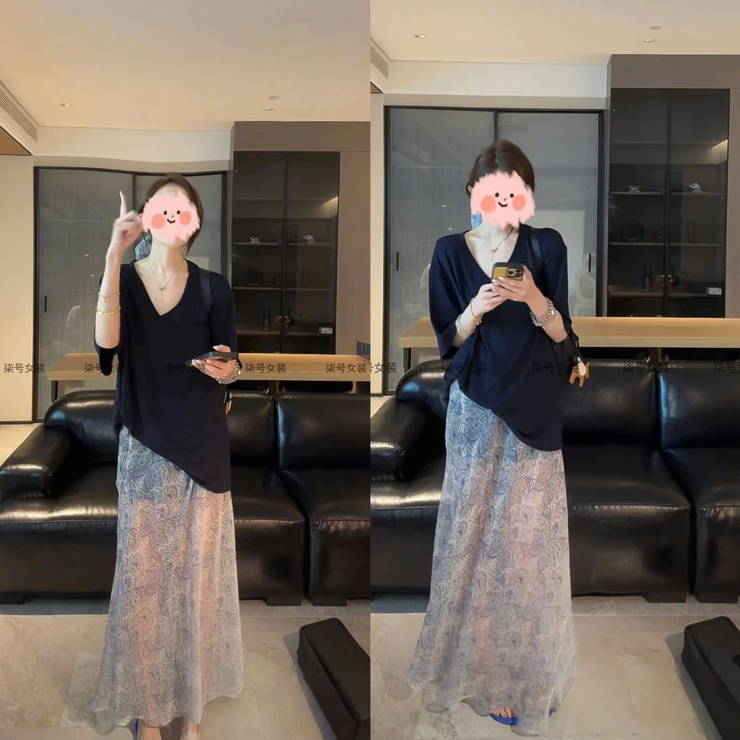 洋气衣服女夏季宽松显瘦短袖T恤纯色上衣百搭微透半身裙气质套装