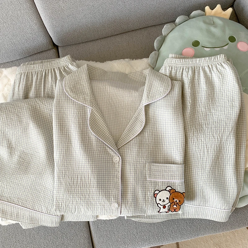夏天短袖短裤三件套韩系小格子睡衣女学生可爱小熊宽松大码家居服