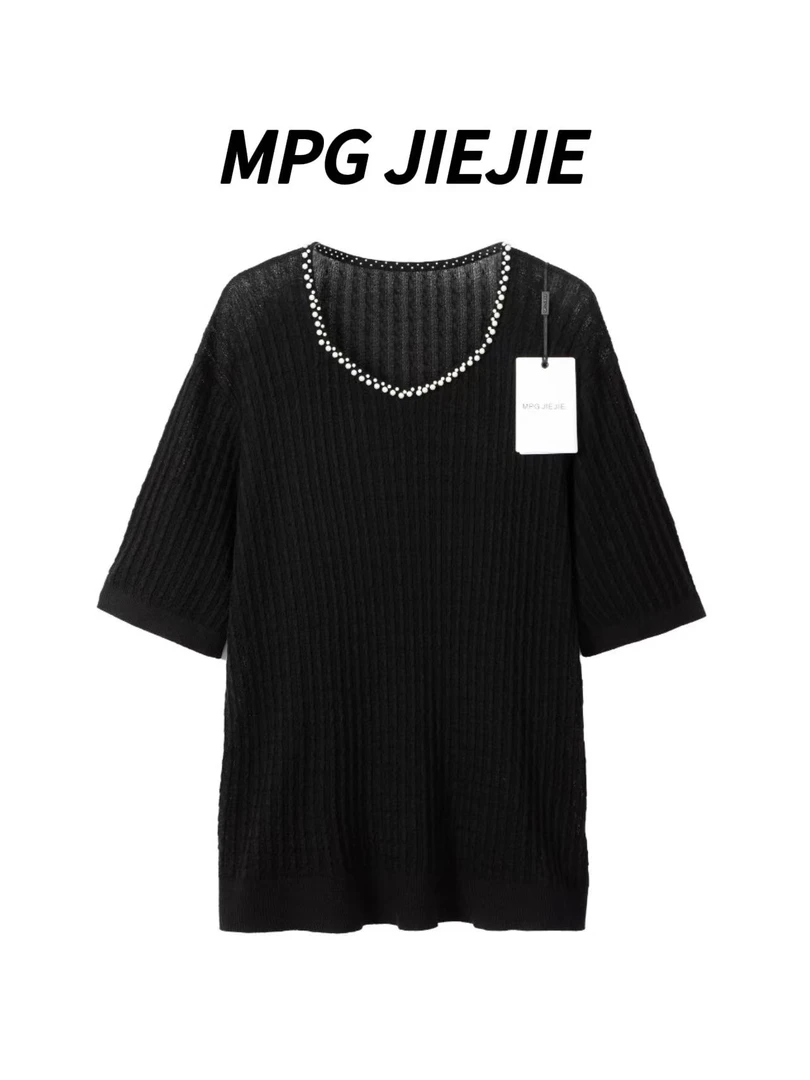 MPG JIEJIE【因为爱情】大码正肩钉珠针织短袖上衣