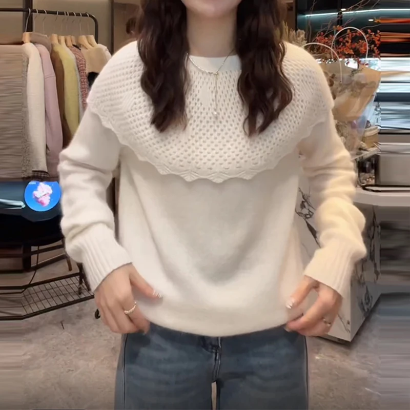 设计感气质洋气圆领毛衣女2025冬季新款宽松显瘦休闲百搭减龄上衣