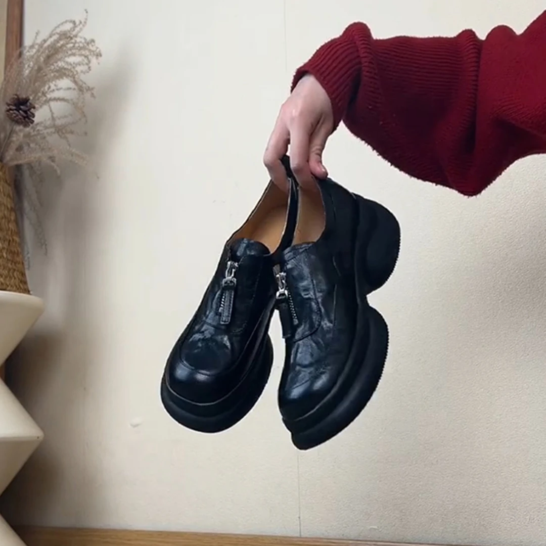 厚底松糕底深口乐福鞋女2025新款一脚蹬圆头复古小皮鞋百搭单鞋子