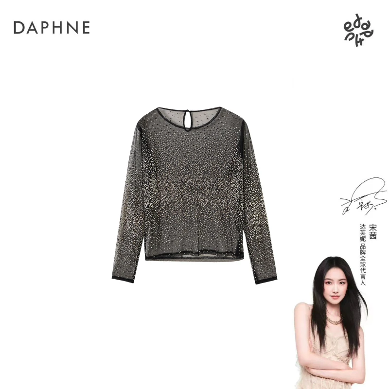 Daphne/达芙妮2025年春季新款时尚百搭圆领镂空蕾丝衫女长袖上衣