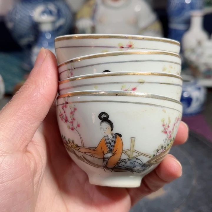 摆件桃花美女茶杯4个