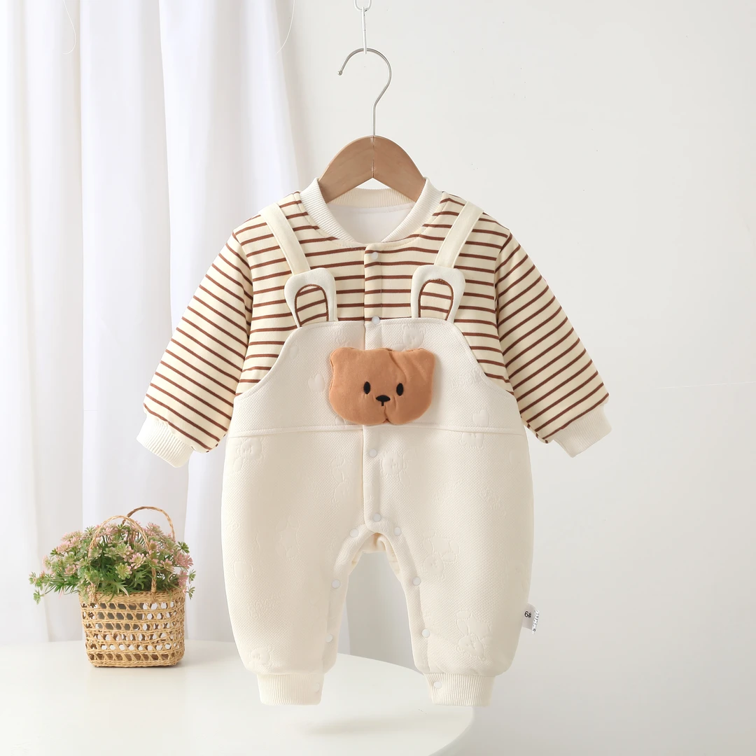 婴儿连体夹棉加厚熊头横条棉衣新生儿爬服宝宝假两件衣服冬装