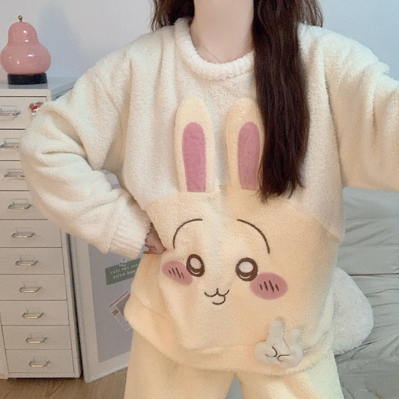 【加绒加厚】珊瑚绒睡衣女款秋冬季高级感兔子法兰绒保暖家居服套装