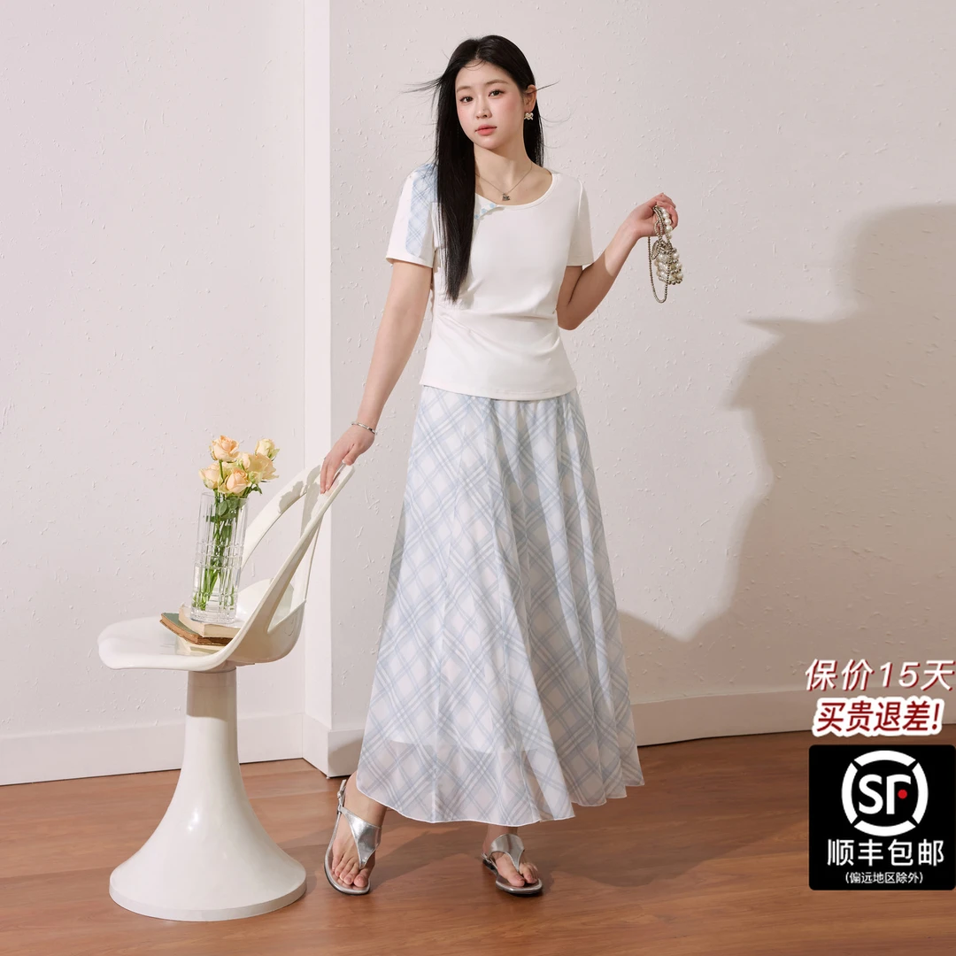 蓝语大码女装优雅遮肉短袖T恤格纹冰凉感半身裙夏季漂亮套装13990