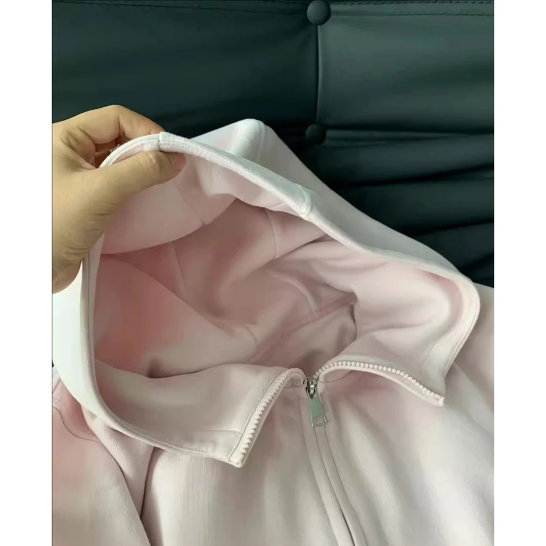 特大码2-300斤甜美风韩版粉色连帽卫衣女秋季宽松慵懒风拉链外套