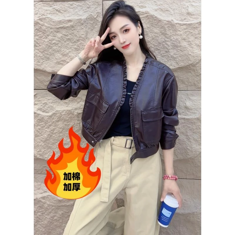 【加棉加厚】秋冬新款百搭女士V领水洗皮皮衣宽松休闲短款皮衣外套