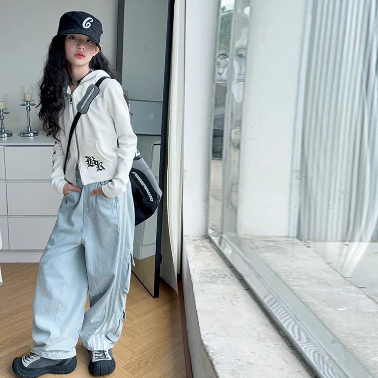 女童帽衫长裤套装2025新款儿童春秋装中大童印花外套工装裤两件套