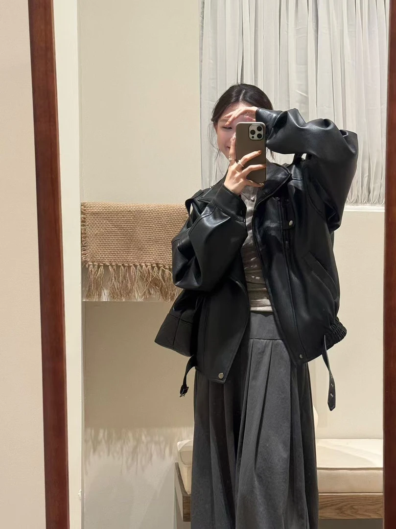 Peach自制 bi入超重工立领宽松廓形下摆橡筋皮衣夹克外套 10580