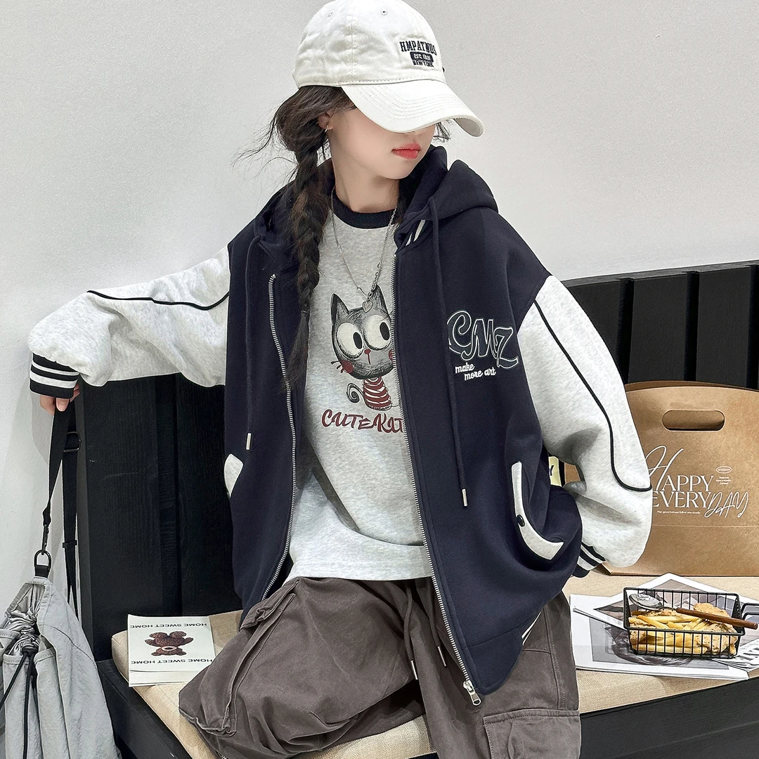 女童外套春秋款2025新款中大童洋气女孩秋装连帽卫衣儿童拼接上衣