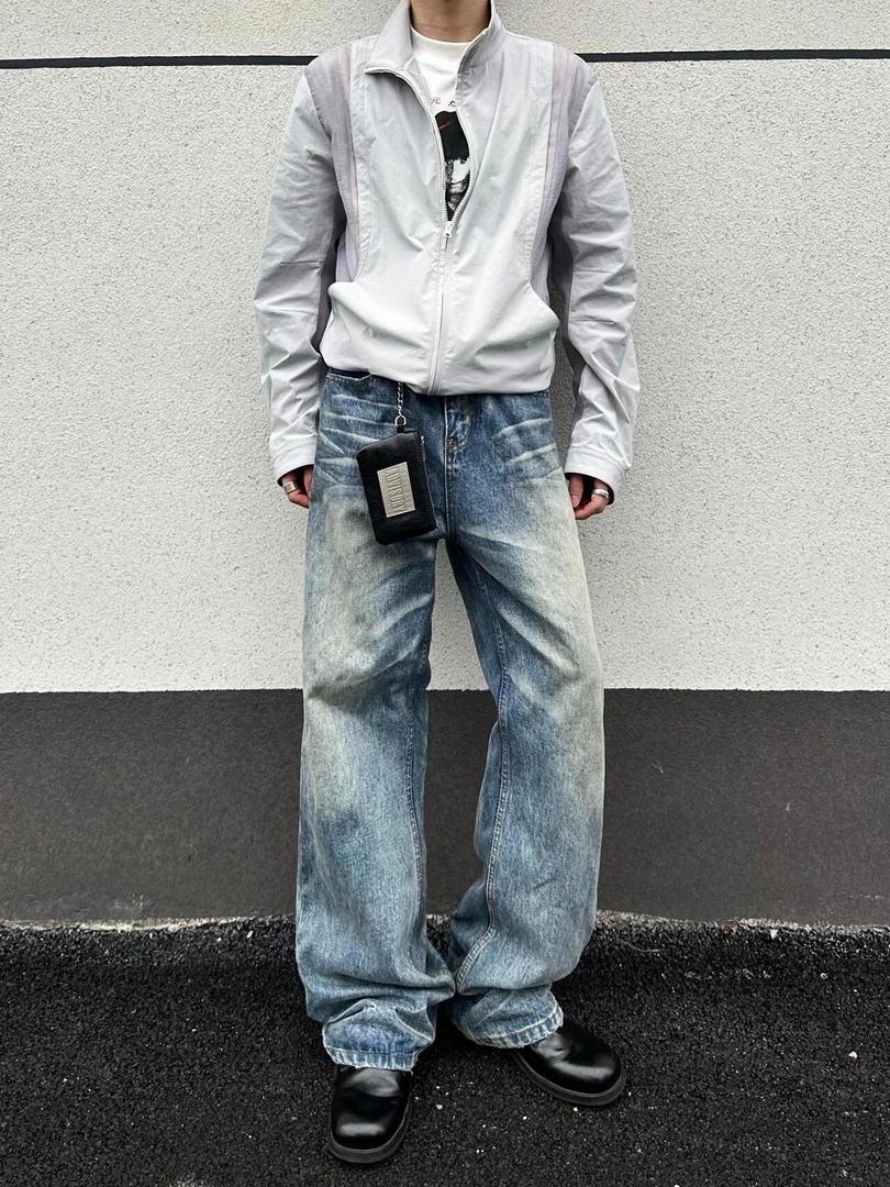 SAIMT牛王系列直筒夏季水洗立体自然猫须垂感做旧弧形牛仔裤男女