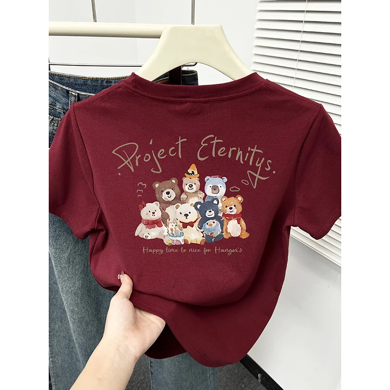 小个子圆领卡通小熊印花短袖t恤女装春夏季2025新款正肩显瘦上衣
