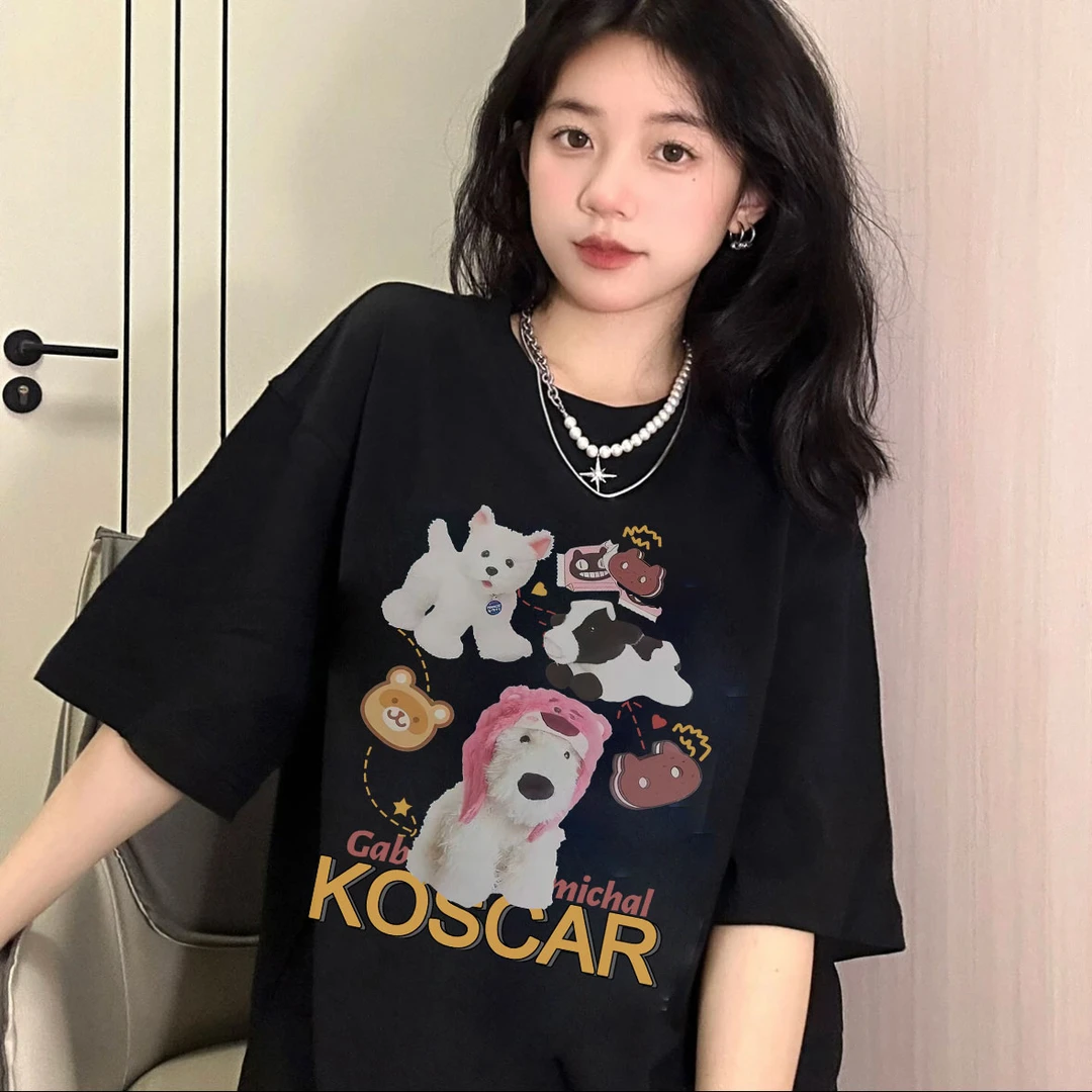 AZGO百搭宽松印花ins美式纯棉休闲小众学生圆领T恤（小狗合集）