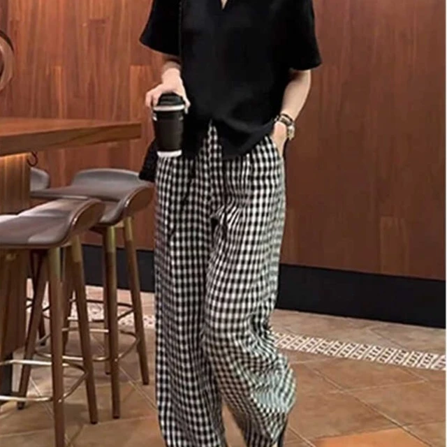 夏装搭配一整套装设计感半开领短袖t恤女高腰复古格子显瘦阔腿裤
