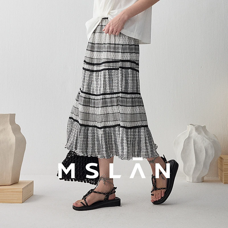 MSLAN夏季复古松紧腰轻盈半裙A字拼接设计感飘逸连垂顺MECV8202