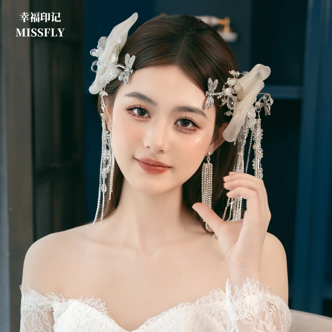 新娘蝴蝶结流苏婚纱头饰礼服发饰银色中式古风配饰品旅拍汉服馆