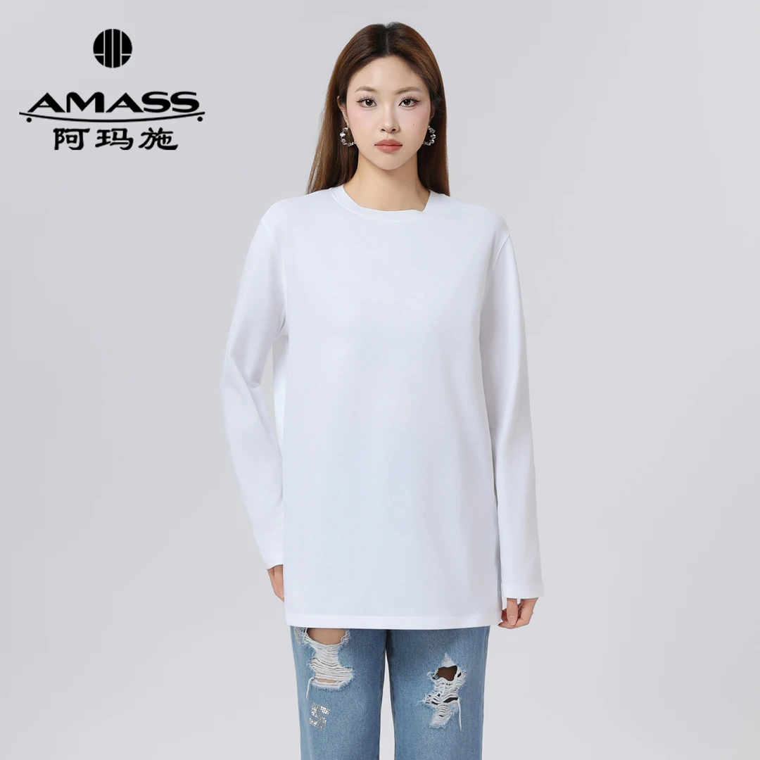 AMASS/阿玛施新款简约百搭衬衣早春圆领舒适休闲纯棉T恤女530189