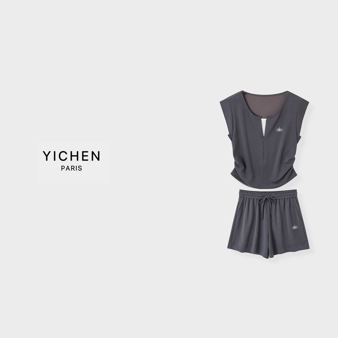 YC 石墨灰字母徽标收腰褶皱小飞袖背心字母徽标抽绳休闲短裤-3430