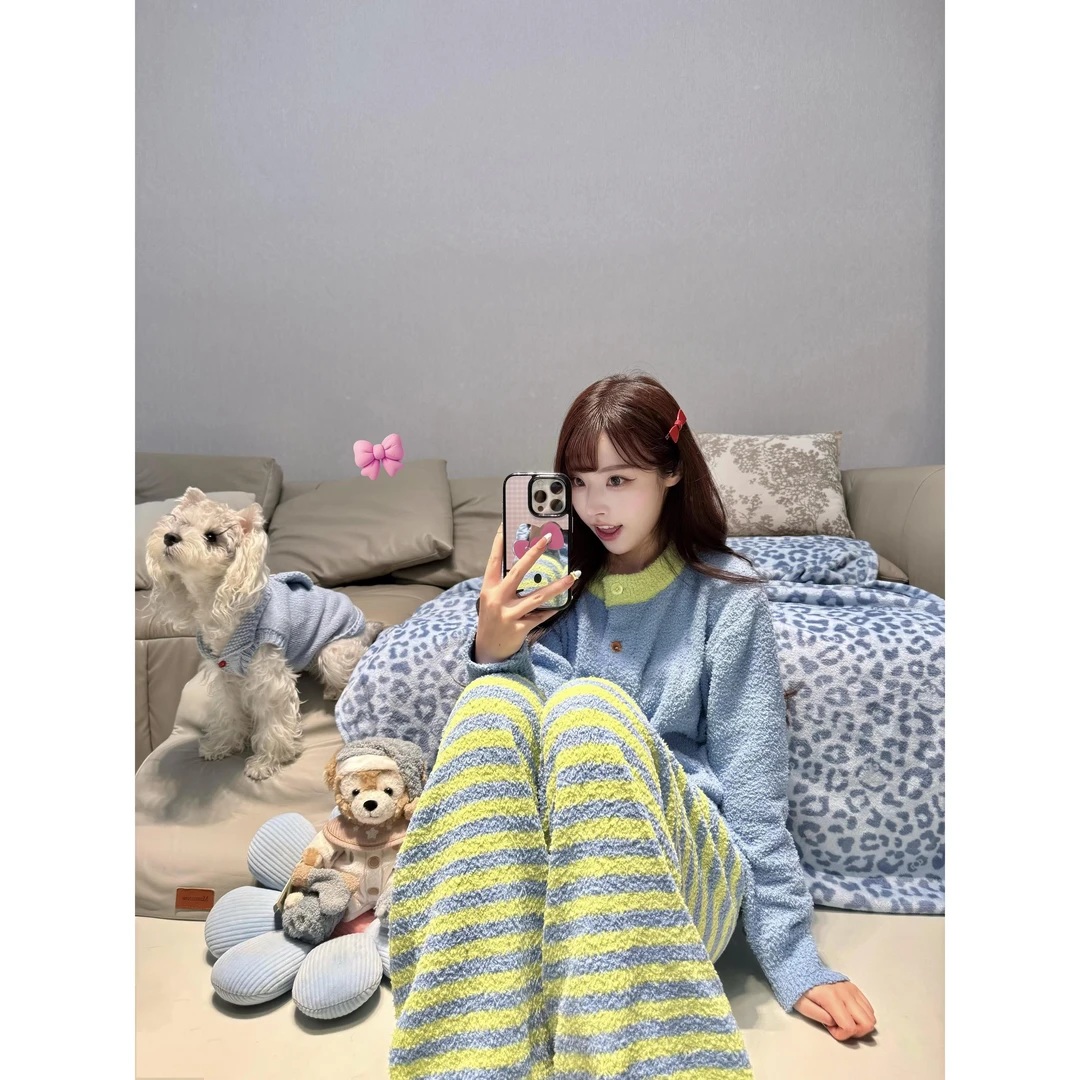 韩版开衫毛衣针织半边绒保暖睡衣女款秋冬休闲条纹长裤家居服套装