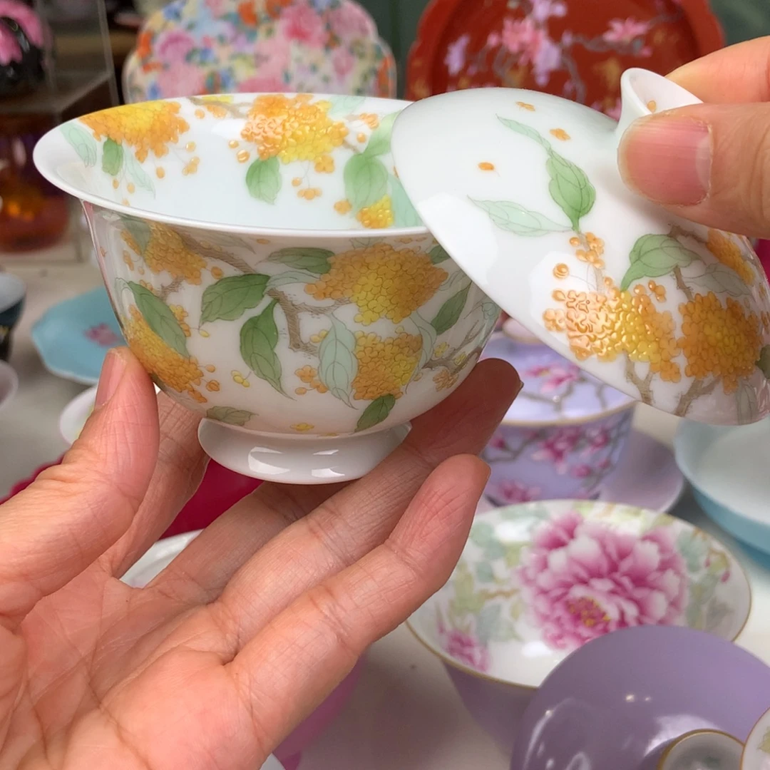 陶景德镇手工手绘桂花盖碗