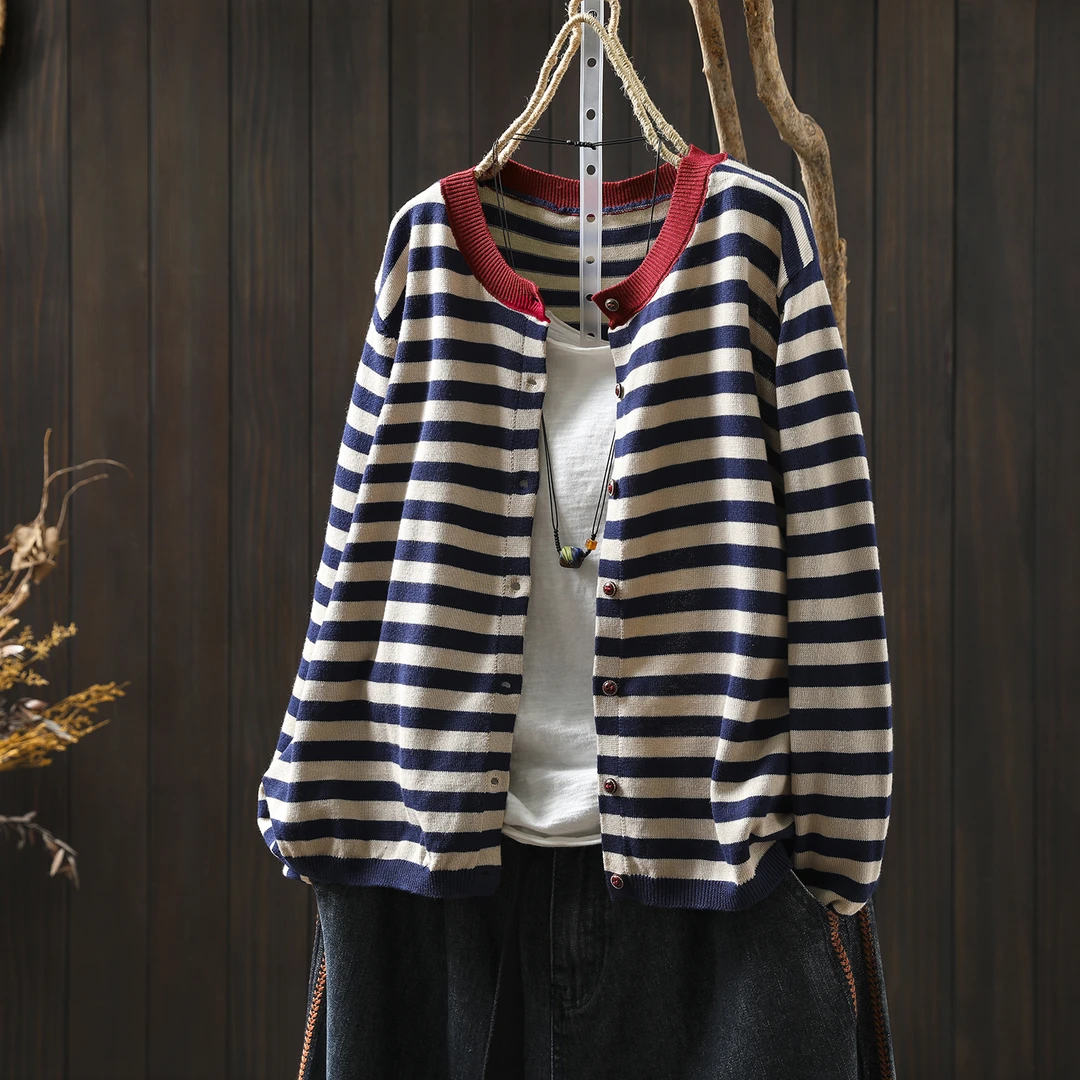 棉线条纹针织开衫女2025新款早秋装文艺休闲高级感配裙子外搭开衫