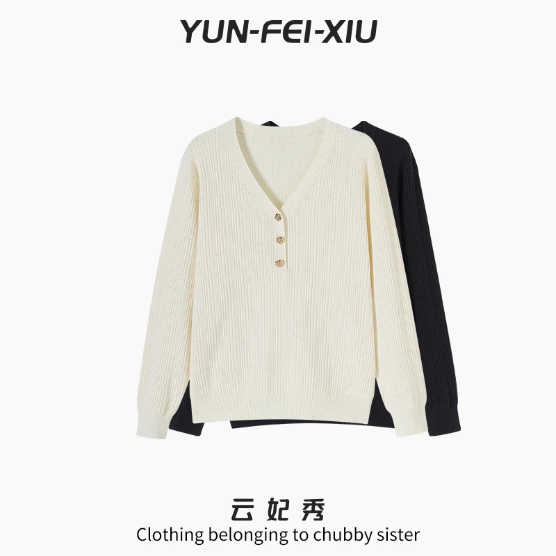 云妃秀大码女装针织衫时尚休闲胖妹妹显瘦宽松减龄V领上衣秋75001