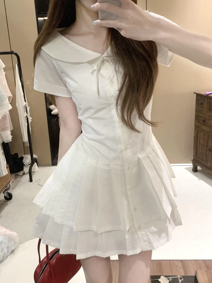 韩系学院风娃娃领拼接百褶短袖连衣裙子女夏季收腰显瘦a字短裙子