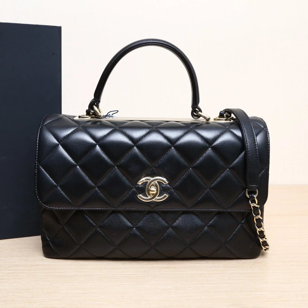99新 Chanel/香奈儿 尾款小花黑黑Trendy CC 手提风琴包 中号
