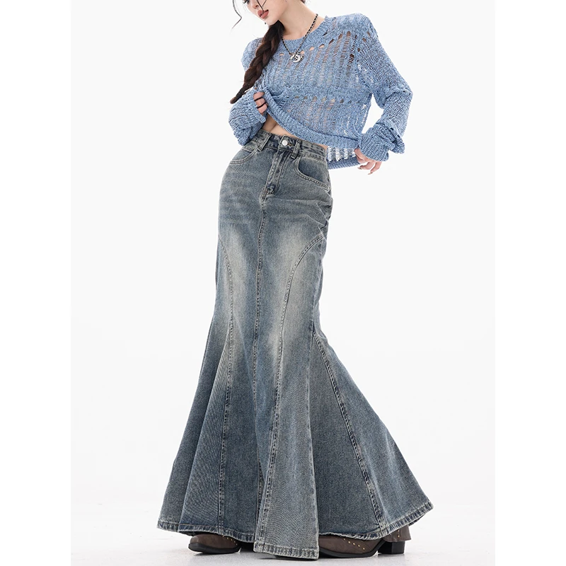 ABWEAR 步步涟漪-原创美式复古水洗鱼尾半身牛仔裙女长款包臀裙