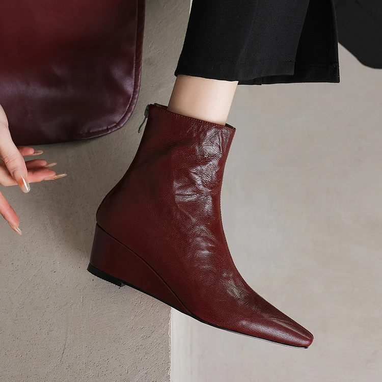 法式时尚|5cm羊皮小方头中跟短靴女秋冬百搭真皮舒适坡跟瘦瘦靴女