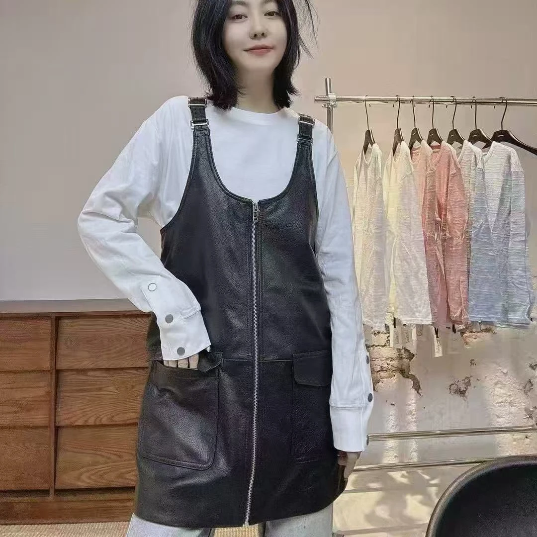 《刘夫人推荐》2025新款真皮吊带U型领背带裙绵羊皮连衣裙百搭秋季