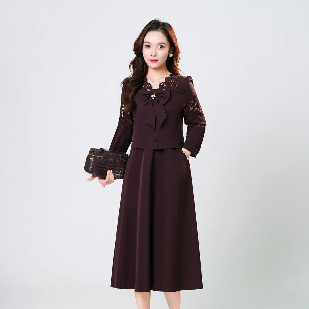 时尚精致优雅大方高级洋气蝴蝶结显瘦假两件连衣裙M-4XL