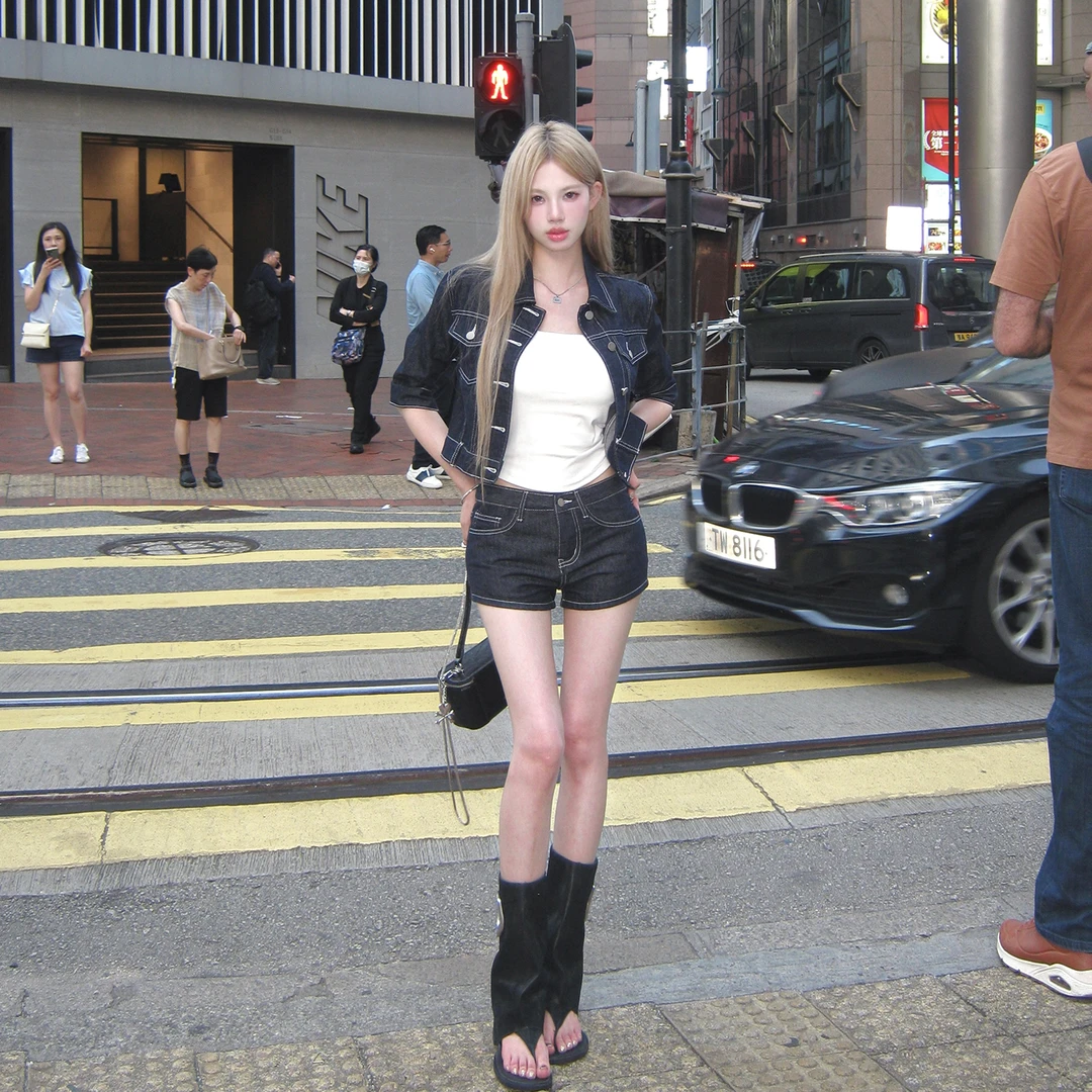 XIAOXIN【夏日牛仔】夏季新款复古深蓝色短裤牛仔套装LWJ25C3TZ2118