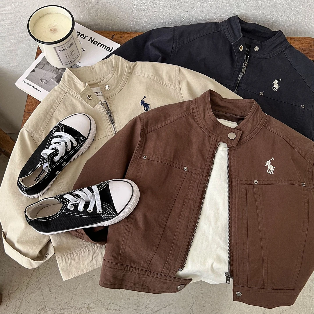 儿童夹克外套2024春夏新品男女童立领刺绣外套宝宝纯色棉布