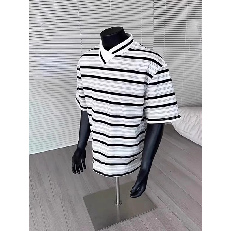 不规则交叉立领短袖T恤男款夏季美式条纹Polo衫设计感小众五分袖