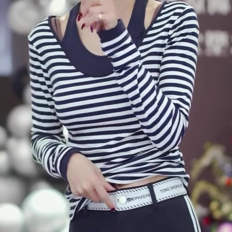 减龄简约收腰长袖假两件条纹上衣女2025春季撞色高级感舒适慵懒风