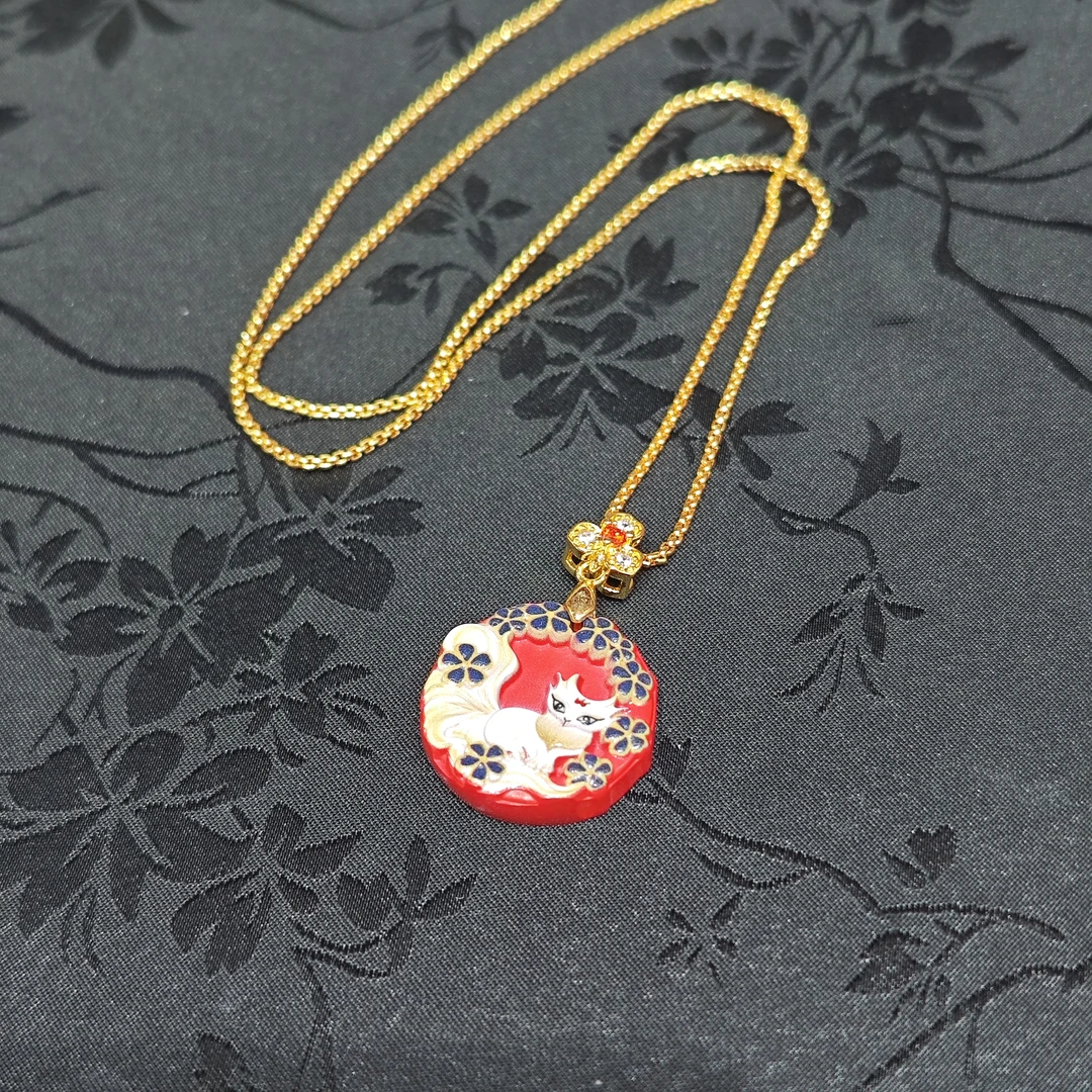 含辰砂工艺品朱砂圆牌彩绘九尾项链3333