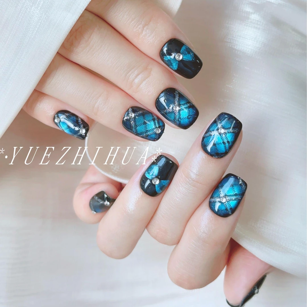 【荷鲁斯之眼】显白方圆穿戴美甲小众韩系蓝眼泪穿戴甲猫眼短款