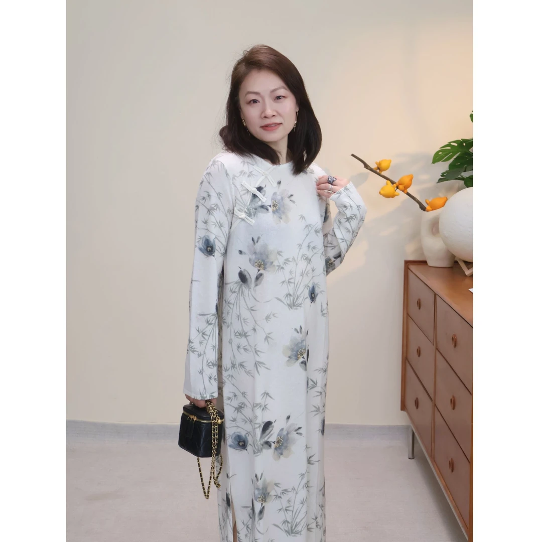“水墨竹韵”山羊绒羊毛印花针织连衣裙