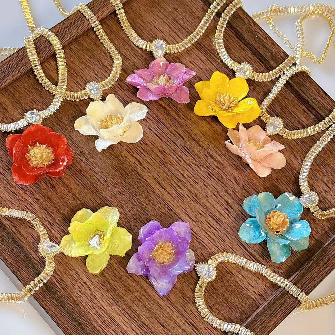 合金树脂耳饰 小众清新气质优雅甜美永生玫瑰花项链手工时尚百搭