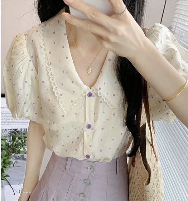 5198波点短袖衬衫女夏季2025新款衬衣法式泡泡袖上衣女夏款