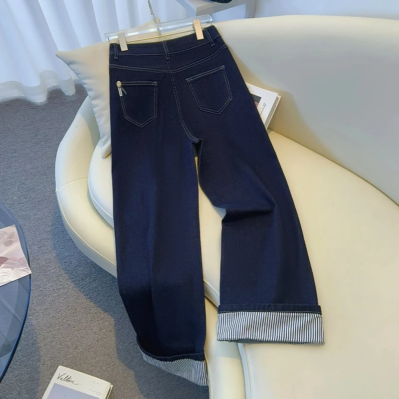 丹宁蓝卷边直筒牛仔阔腿裤女2025新款春夏季高腰宽松小个子九分裤