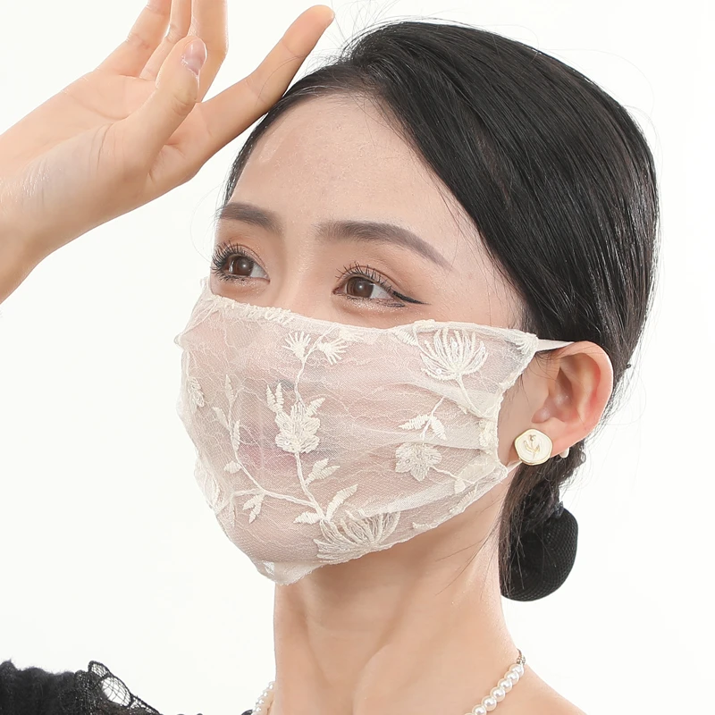 遮脸蕾丝网纱遮阳加大网纱薄款口罩透气刺绣双层网红防晒面罩1033