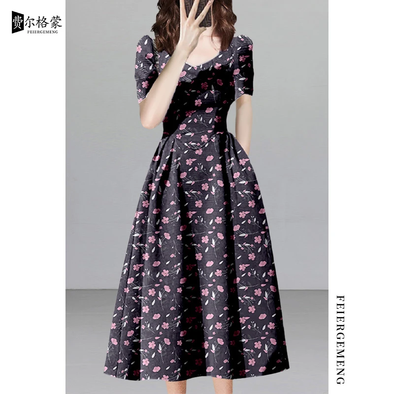 高档气质印花裙子长款夏复古短袖连衣裙新款法式显瘦高腰碎花长裙